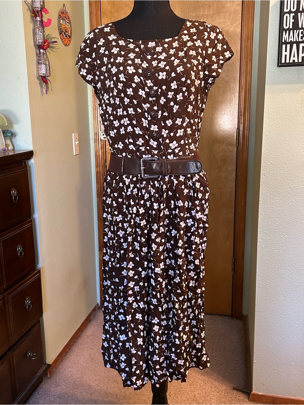 Coldwater Creek vintage brown white floral print short sleeve midi dress belt 8P